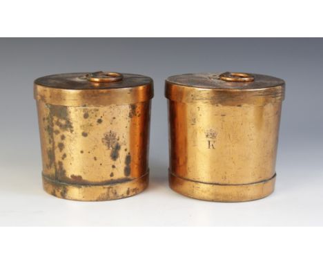 Two copper cooking pots and covers, early 19th century, each of cylindrical barrel form engraved with a coronet and initialle