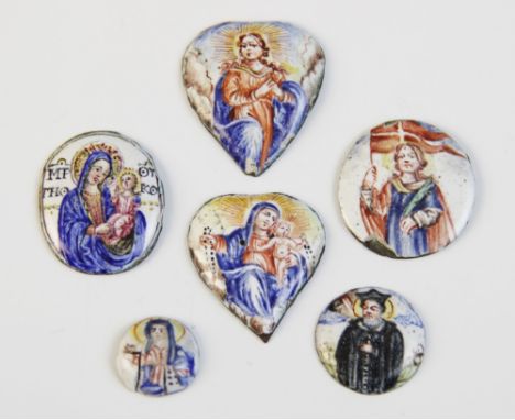 Six Spanish polychrome enamel reliquary plaques, 17th century, comprising: two heart shape examples, an oval example and thre
