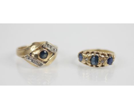 A sapphire and diamond set 18ct gold ring, comprising a central round mixed cut sapphire measuring approx. 3.5mm diameter, be