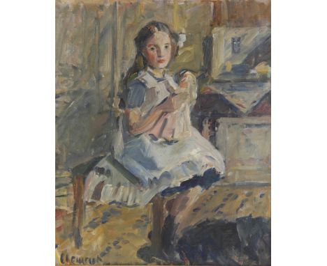 G. F. Clement (20th century),Portrait of a young girl playing with a doll,Oil on canvas,Signed lower left, named to frame pla