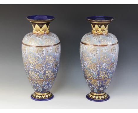 A pair of Royal Doulton 'Doulton & Slaters Patent' vases of large proportions, early 20th century, of inverted baluster form 