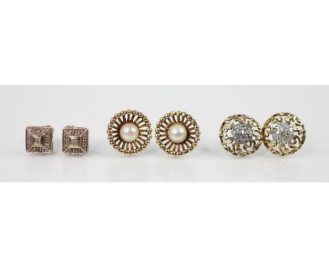 A pair of diamond set 9ct gold stud earrings, each comprising sixteen small brilliant cut diamonds set in 9ct yellow gold to 