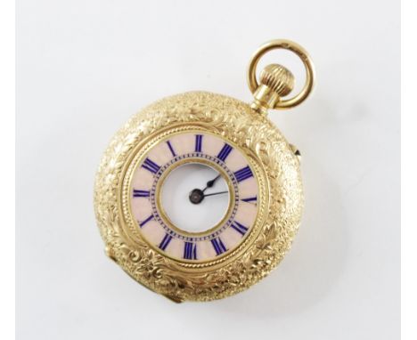 A continental 18ct gold lady's fob watch, round white dial with Roman numerals, half hunter case with pink guilloche enamel c