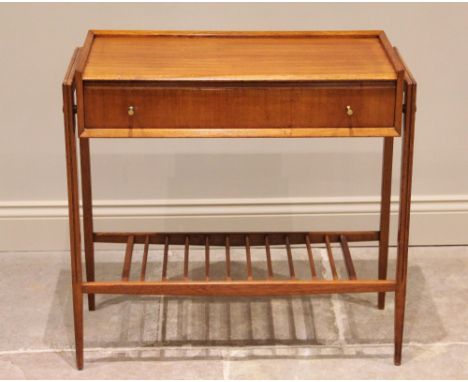 A Danish style teak side or console table, circa 1960, the suspended table top with a three quarter gallery, raised upon angu