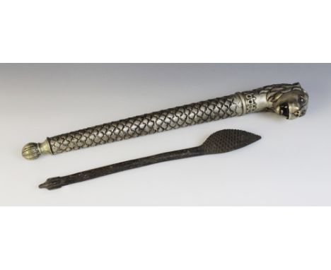 A Middle Eastern Islamic white metal club, the terminal depicting a lions mask, 55cm, and a Turkish back scratcher/foot rasp 