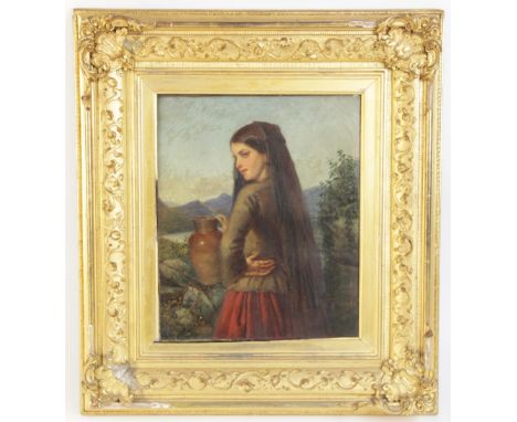 Spanish school (19th century),Portrait of a young girl holding a jug with mountains and lake beyond,Oil on canvas,Unsigned,30