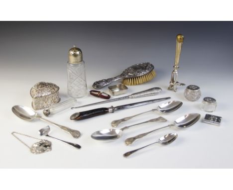 A selection of silver and silver plated ware, including; an Edwardian silver topped dressing table jar by James Deakin &amp; 