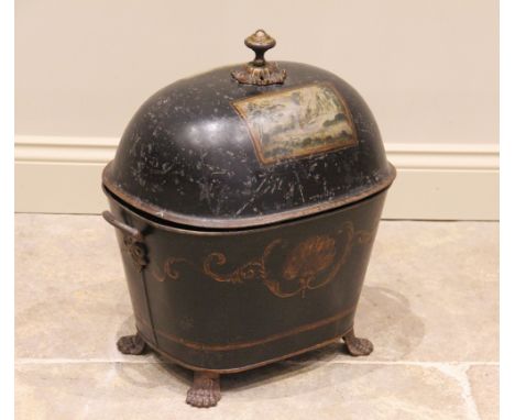 A Regency toleware log/coal bin, the domed cover applied with two painted panels depicting rural landscapes, below the gilt p