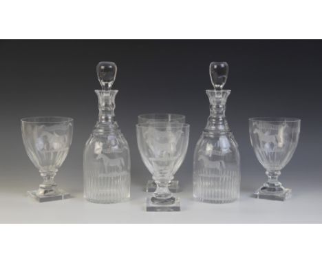 EQUESTRIAN INTEREST: A matched suite of Georgian style glassware, 20th century, comprising: four rummers, the bowls with basa