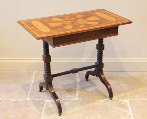 A mid 19th century mahogany parquetry side table, the rectangular top centred with a satinwood and rosewood parquetry panel, 