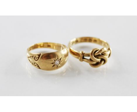 A Victorian 18ct gold knot design ring, marked for Birmingham 1886, ring size O, together with a George V diamond set 18ct go