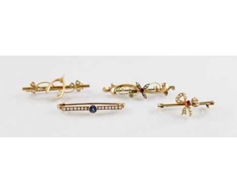 An early 20th century pearl and sapphire set bar brooch, 38mm wide (unmarked), together with an Edwardian 9ct gold seed pearl