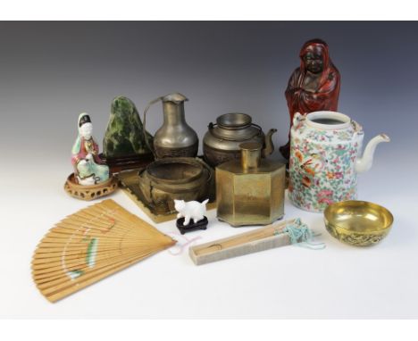 A collection Chinese works of art, 19th century and later, to include a Canton famille rose teapot, 15cm high, a brass tea ca