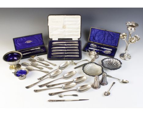 A selection of silver and silver coloured wares, to include a set of five silver spoons, Viner's Ltd, Sheffield 1965, designe