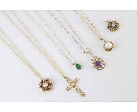 A selection of pendants and necklaces, to include an Edwardian style amethyst and cultured pearl 9ct gold necklace, marks for