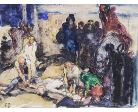 Frank Brangwyn (1867-1956),'The awful deed',Pen and ink and watercolour on paper,Initialled lower left, Labelled verso,16cm x