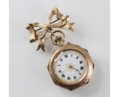 An early 20th century 9ct gold fob watch, the white enamel dial with roman numerals and applied gold decoration, textured gol