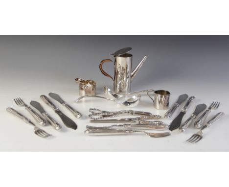 A 12-piece EPNS fish cutlery service by Martion Hall &amp; Co, comprising six forks and six knives, handles with beaded borde