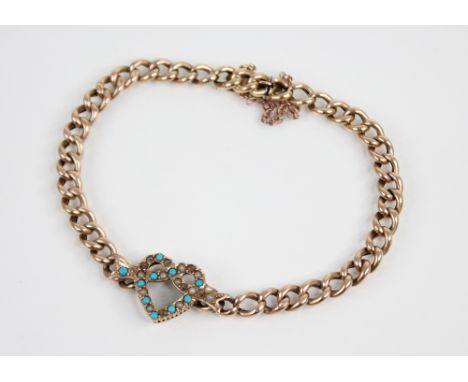 An early 20th century pearl and turquoise set bracelet, comprising a a heart-shaped panel set with turquoise and cultured pea