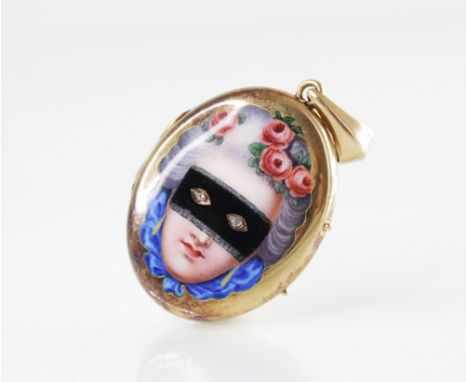 A Victorian yellow enamelled locket pendant, the cover with an enamelled portrait of a masked women in 18th century attire, w
