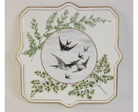 A Minton's porcelain tray, date code for 1881, finely enamelled with a central roundel of swifts in flight, within a fern pai