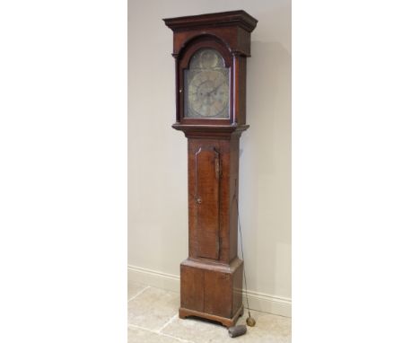 A George III oak cased thirty hour longcase clock signed John Bell, the flat top hood with freestanding cylindrical pilasters