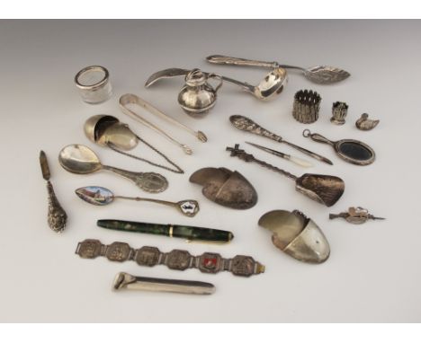 A selection of flatware and objects of virtue, to include a silver mounted miniature hand mirror, 7.5cm long, a Victorian sil