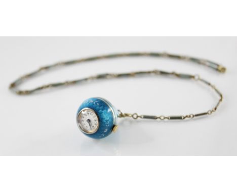 A Swiss silver gilt and enamelled pendant watch, round white dial with Arabic numerals, the pear shaped pendant body with blu