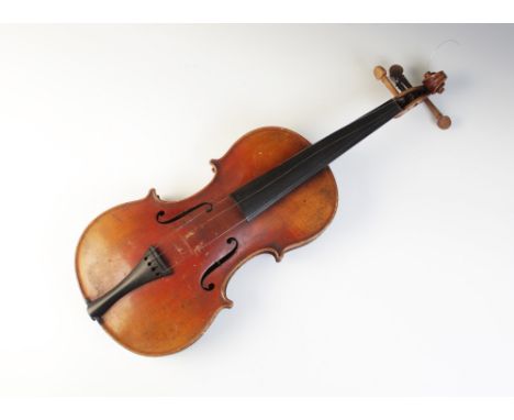 A violin, 19th century, the 33cm long body with two piece back, lacking bridge and chin rest and with associated tuning pegs,
