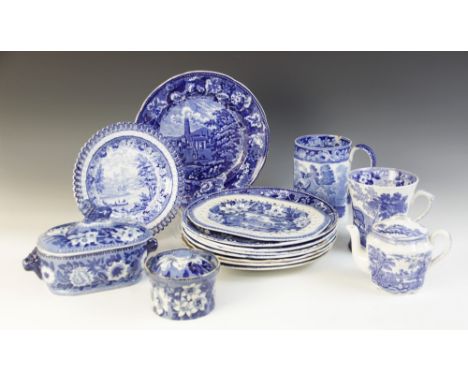 A set of four blue and white 'Taymouth Castle, Perthshire' pattern plates by Enoch Wood & Sons, 19th century, with another fr