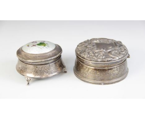 A George V silver and enamel ring box, probably Henry Clifford Davis, Chester 1916,  5cm high (at fault), a further silver ri