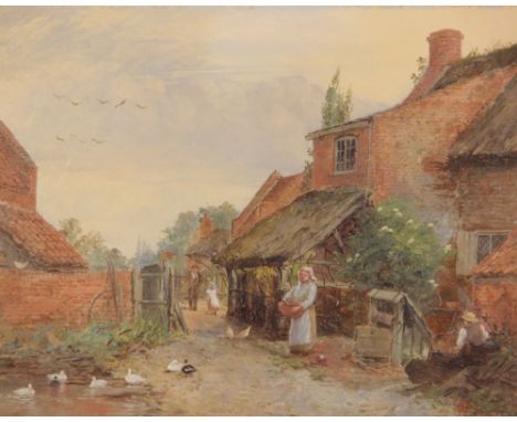 W. E. Cooke (British, fl. late 19th century),A family outside a farmhouse with woman feeding ducks,Oil on panel,Monogrammed l
