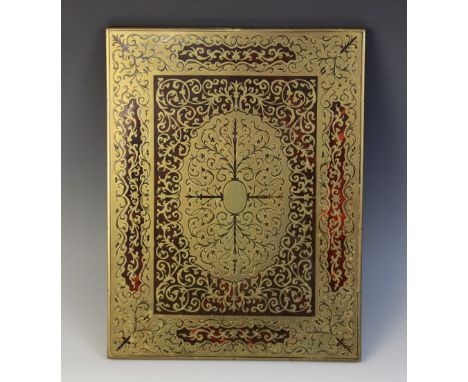 A Boulle work panel, 19th century, the scrolled central cruciform motif bounded by openwork scrolls within a pierced scroll a