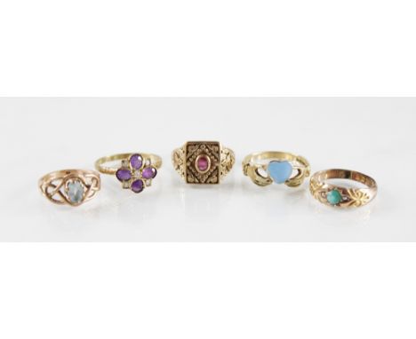 Five 9ct gold dress rings, to include an enamelled Claddagh ring, size N ½, a Victorian turquoise and seed pearl set ring, si