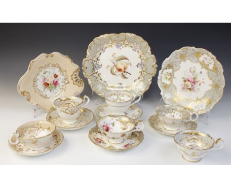 A selection of florally decorated tea wares, 19th century, to include a Ridgway 'Savoy' shape coffee cup and saucer, decorate