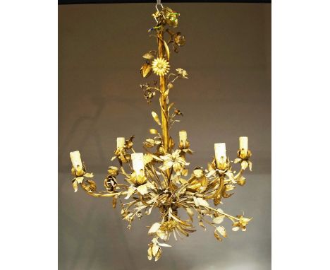 A gilt metal six light chandelier, 20th century, overall decorated with floral motifs, 76cm high(It is the buyer's responsibi