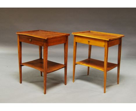 A pair of side table with one long drawer, above a single shelf with inversion to front, on rectangular tapering legs, measur