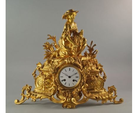 A French gilt bronze mantel clock, late 19th/early 20th century,  the case mounted with a girl in 18th century costume, with 