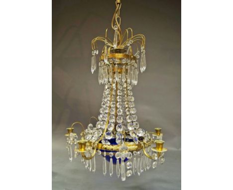 A Swedish gilt metal and  five light lustre hung chandelier, 20th century, in the Neoclassical taste, with wire form lustre h