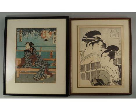 Utagawa Kunisada, a print of a lady, with a pipe in a wisteria hung tea house, framed and glazed, 36 x 24.5cm, together with 