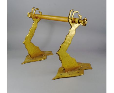 A pair of gilt bronze/brass wall brackets, modeled as Chinese dragon claws, with wooden scroll holder or towel bar, each fini