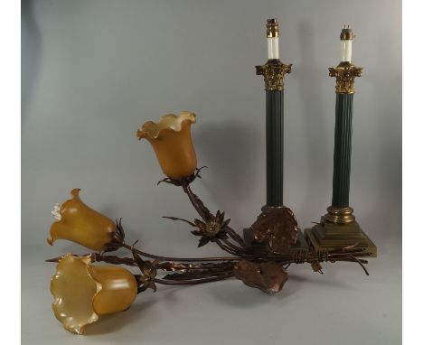 A pair of brass table lamps, 20th century, with Corinthian capital tops, fluted columns, on stepped bases, 59cm high includin