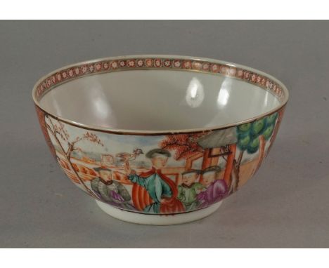 A Chinese Mandarin pattern porcelain bowl, 18th/19th century, decorated with panels of Chinese courtiers in landscapes with f