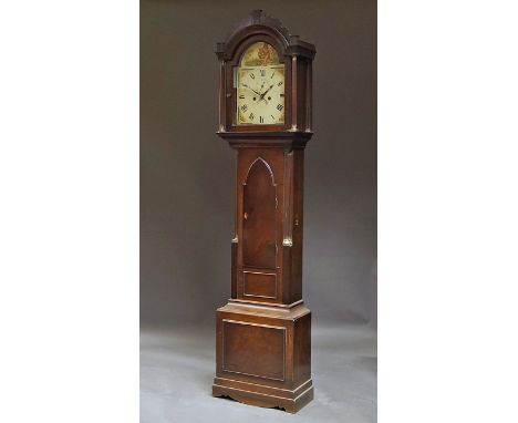 A mahogany longcase clock, 19th century, the hood with shaped top and turned finials, with column pilasters and arched glazed