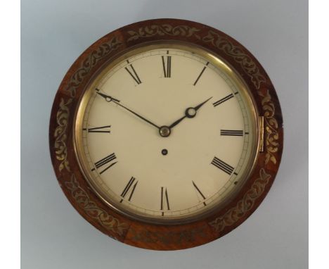 A rosewood and brass inlaid wall clock, 19th century, of circular form, the white dial with Roman numeral chapter ring, with 