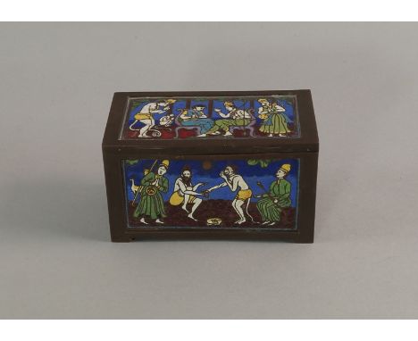 An rectangular metal casket, 20th century, inset with enamel panels of scenes from the life of Hanuman, 12.5cm wide