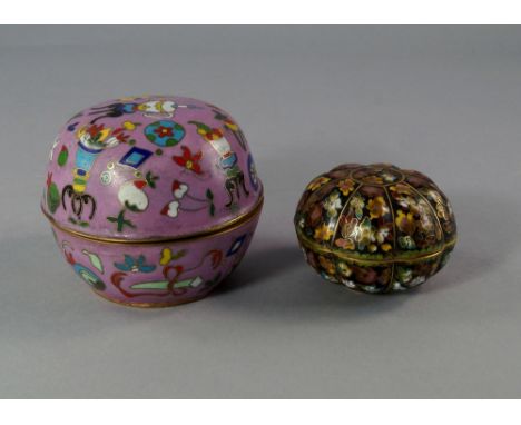 Two Chinese cloisonne enamel boxes, 20th century, both with domed lids, the larger decorated with censers and precious Buddhi