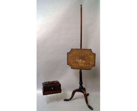 A George III mahogany and herringbone banded bombe tea caddy, lacking interior, 25.5cm wide, together with a mahogany pole sc