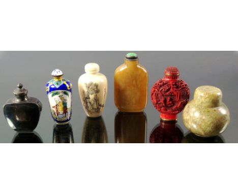 A Chinese yellow brown rectangular snuff bottle, 19th/20th century, with green hard stone top, 7.5cm high, together with a co