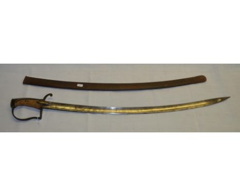 Napoleonic era brass hilted French style cavalry sabre, 31" slightly curved broad single fullered blade, back strap engraved,